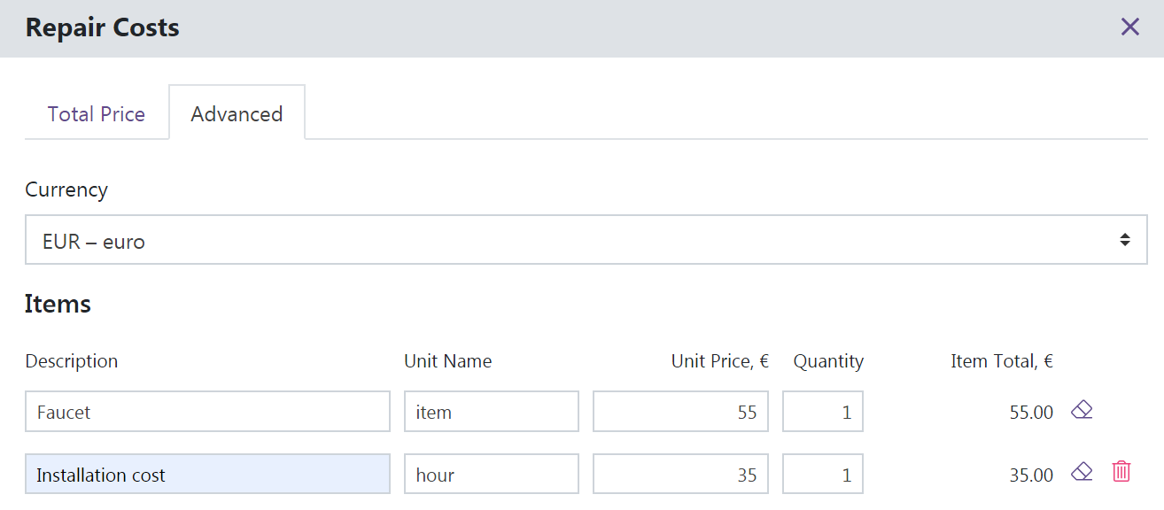 Repair cost tracking interface