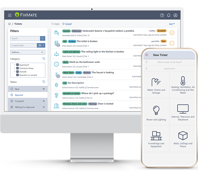 FixMate Management app on a desktop computer and FixMate Reporter app on mobile phone